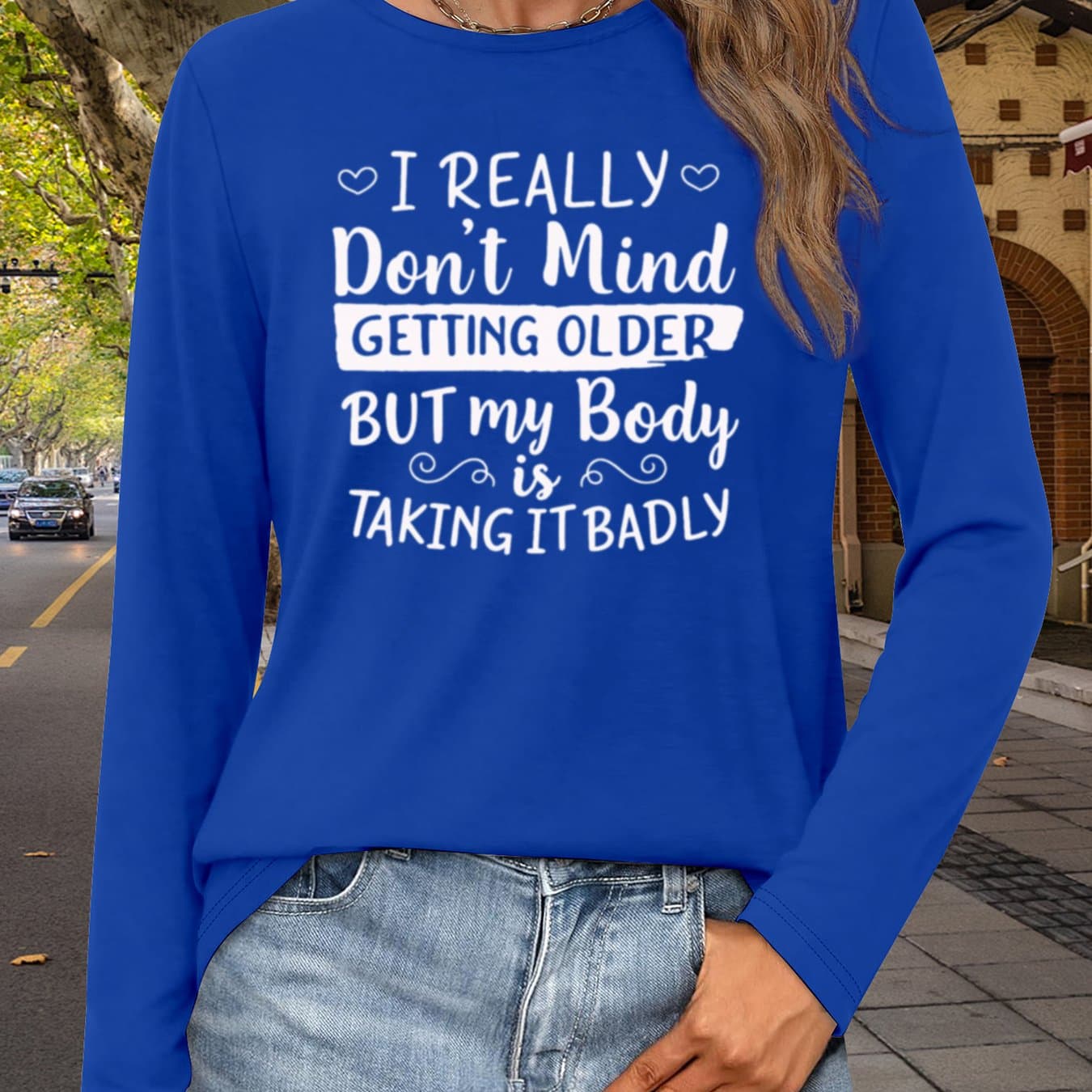 TEMU "motivational Quotes" Long-sleeved T-shirt, Fashionable Style, Women's Clothing, Medium , Round-neck Top