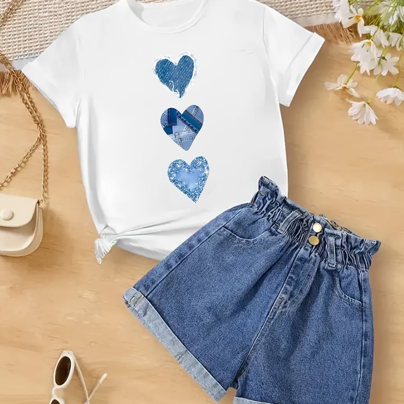 TEMU 1pc White T-shirt With Blue Heart Print - Stylish Casual Short Sleeves, , Perfect For Summer Outfits. Pair With A Fashionable Beige Handbag And Trendy Fashion Glasses For Look....