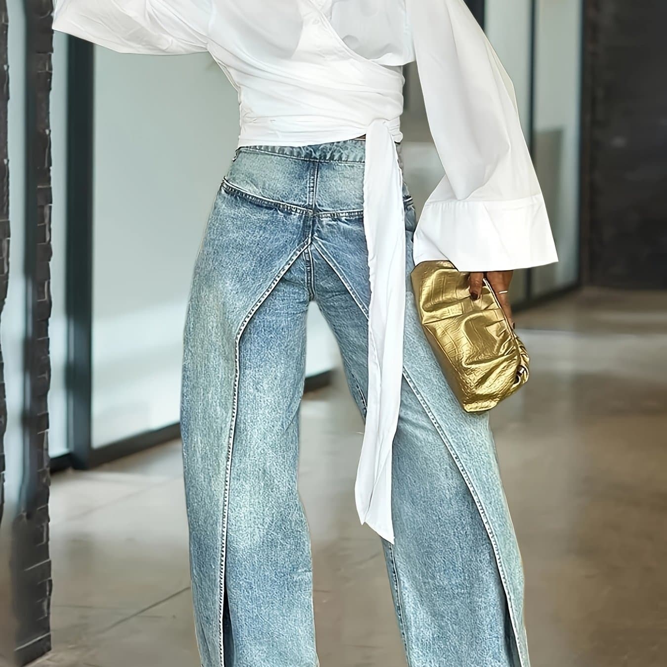 TEMU Glouri Barrel Jeans For Women, Baggy Jeans - 2in 1 High Waist Vintage Washed Denim With Two-layer Overlay Design & Side Zipper | Urban Explorer Pants For Weekend Street Style