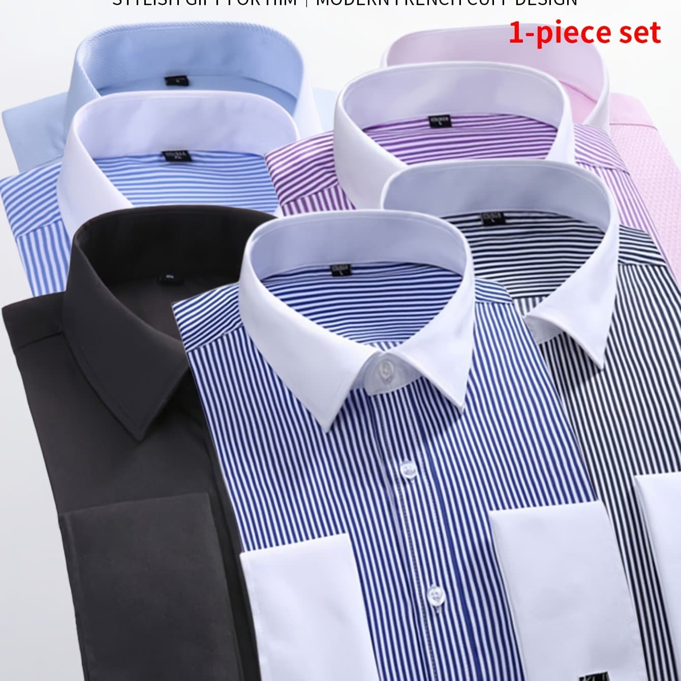 TEMU 2026 French Cuff Dress Shirt 1pc For Men With Free Random Cufflinks Set - Luxury Formal Wedding Shirt, Elegant Attire