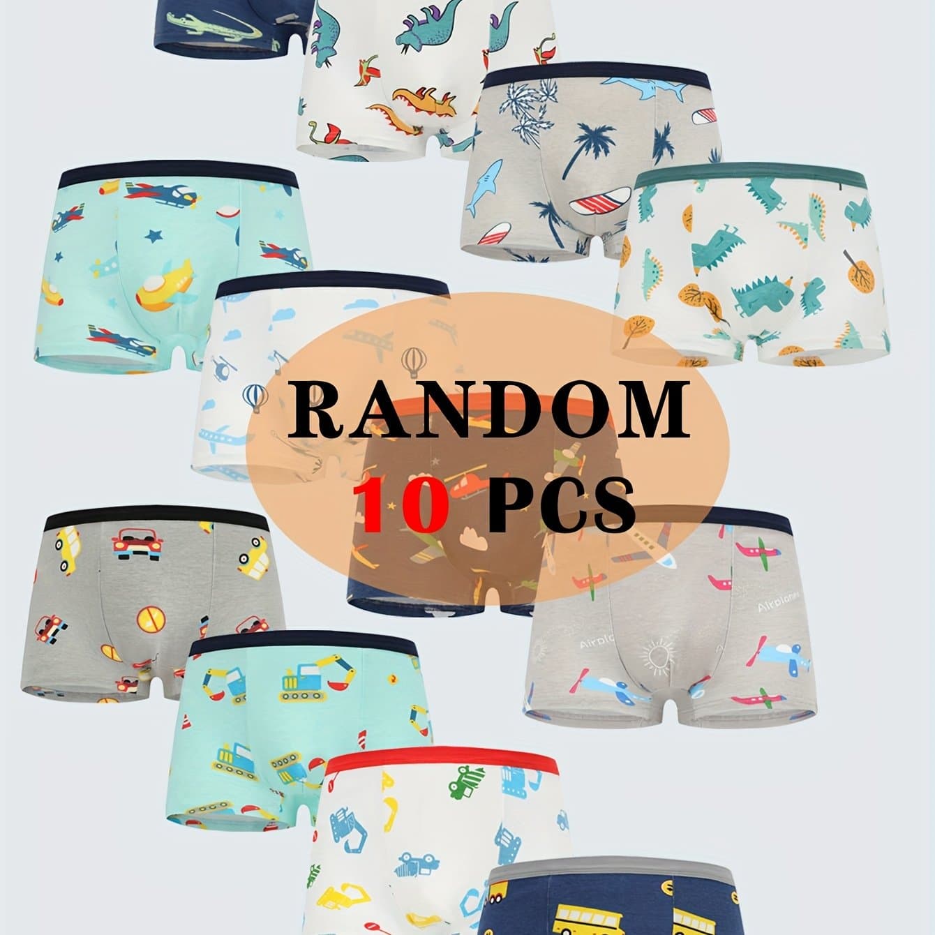 TEMU Random 10-pc Of Boys' Boxer Briefs — Breathable & , Featuring Cartoon Dinosaur And Airplane Prints
