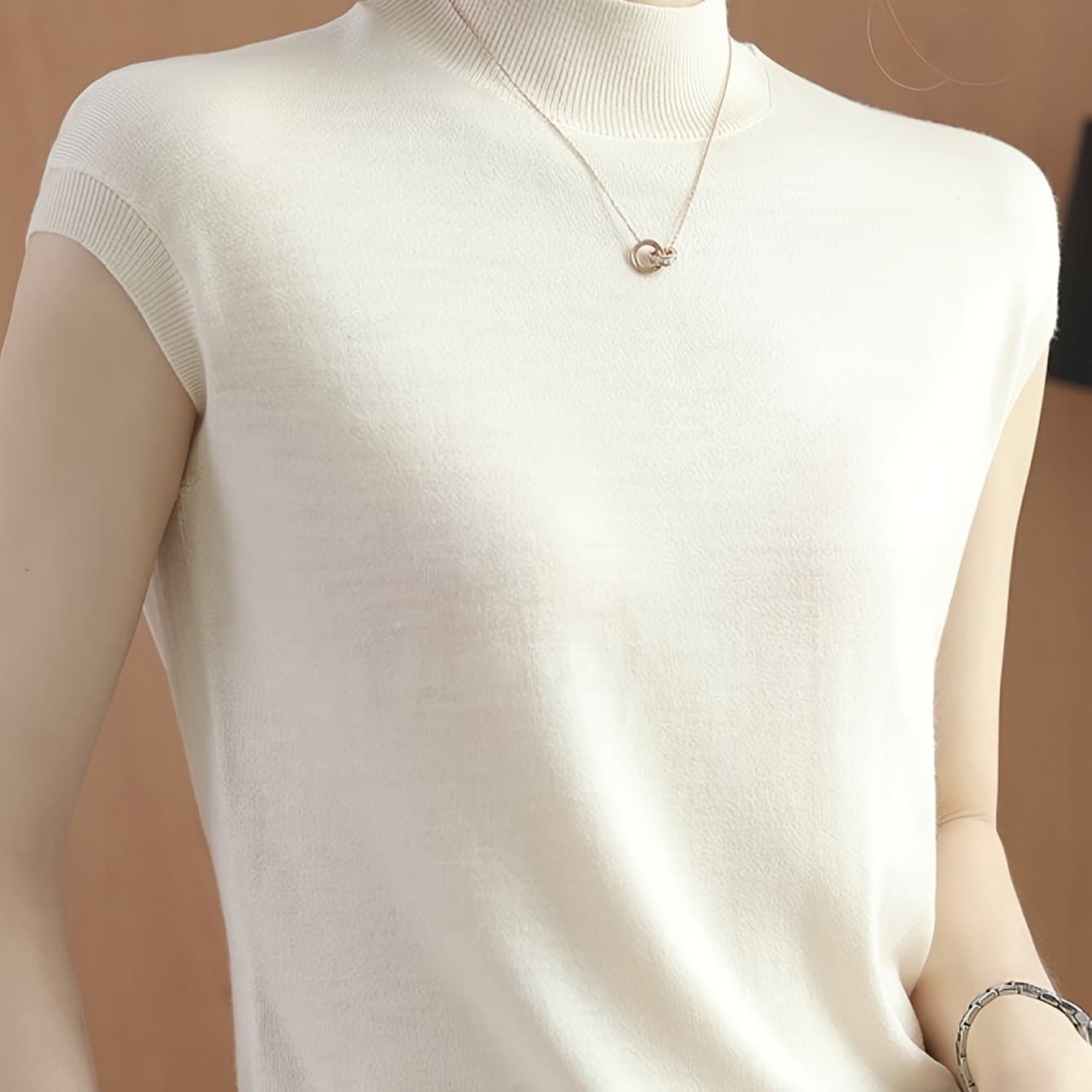 TEMU Mature Style Temperament Sweater Women's Summer Thin Semi-high Neck Short Sleeve T-shirt Fashion Top
