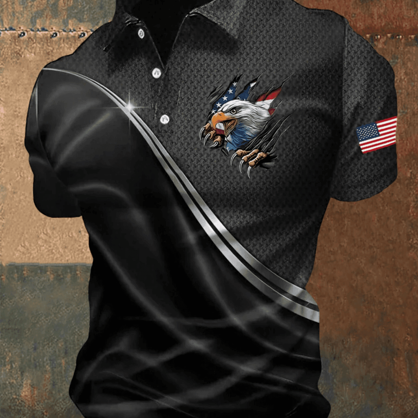TEMU 250th Anniversary Themed Short Sleeved Shirt, American Bald Eagle The Wall Flag Shirt, Men's Dark Style Lapel Short Sleeved Casual Breathable Top