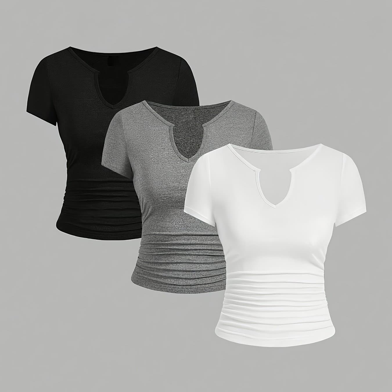 TEMU Women's T-shirt 3pcs Set, Easy Solid V-neck Top