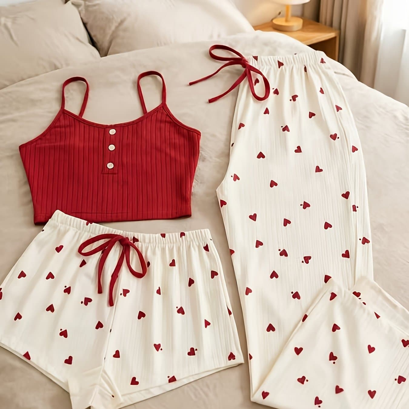 TEMU Trendy Heart Print 3pcs Pajama Set - Casual Cami, Shorts & Pants Loungewear For Sleep, Lounge & Daily Wear