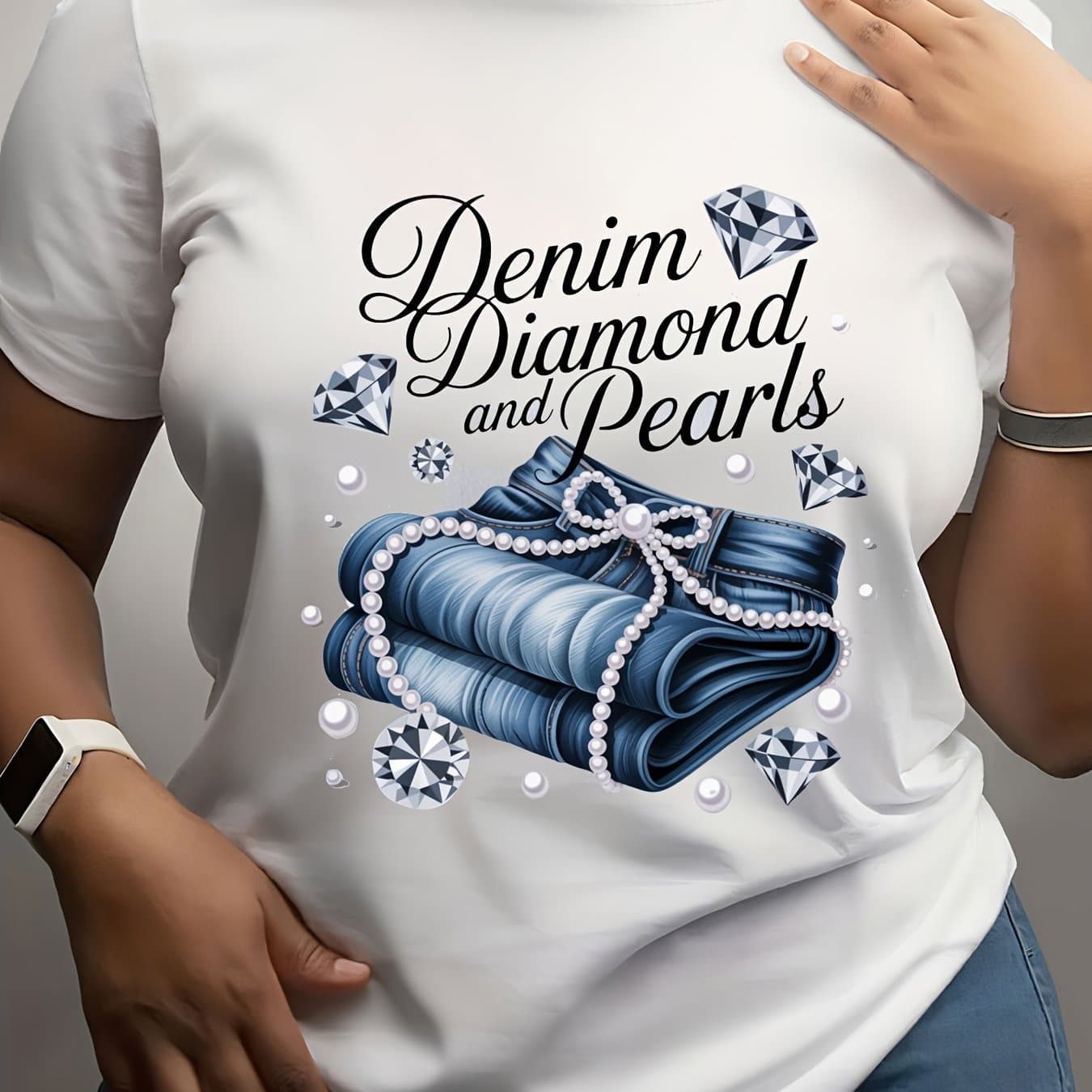 TEMU Plus Size - Plus Size - Stylish Short-sleeve Top For Plus-size Women Featuring A Denim Diamond And Pearl Pattern, Perfect For The Workplace And Suitable For All
