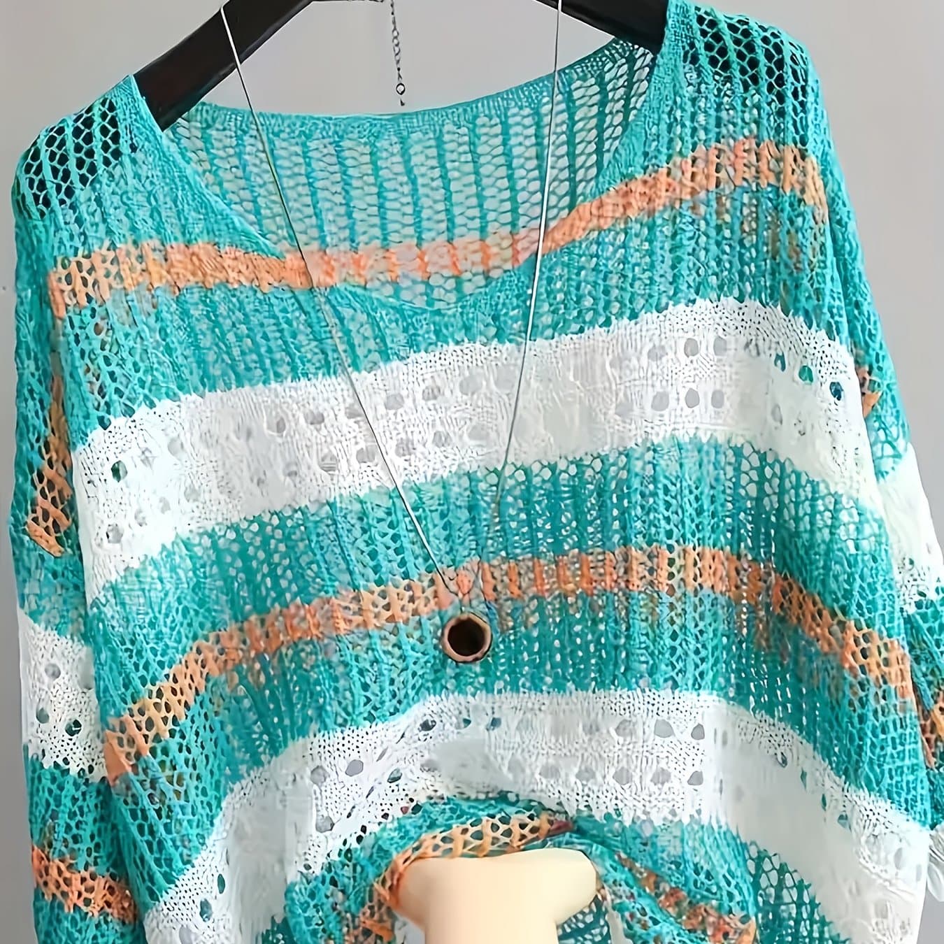 TEMU 2026 Summer Korean Loose Hollow-out Top, Suitable For Women Weighing Between 85-135 Lbs, Featuring A Lightweight, Mid-sleeve Design With A Loose Fit And A Striped V-neck Pullover Cover-up