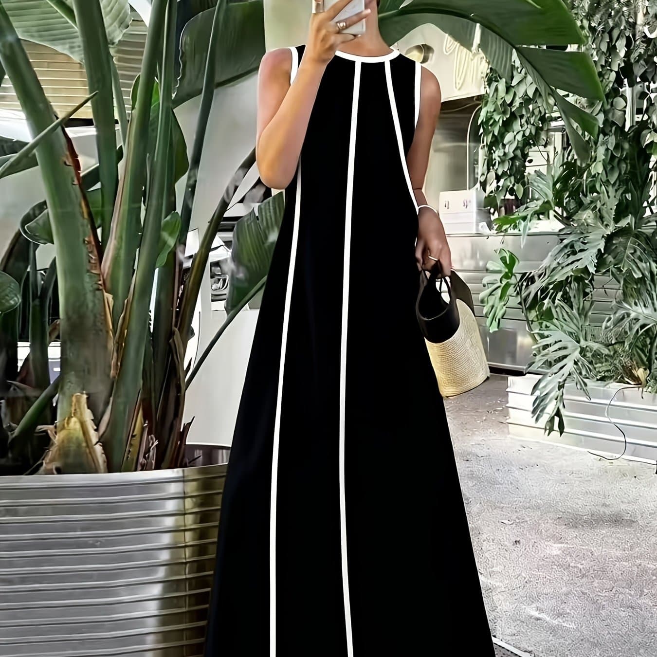 TEMU Elegant Black And Block Tunic Dress | Long Length, Sleeveless, Crew Neck, Loose Fit, Non-stretch, Machine Washable - Perfect For Parties, Office, Vacations