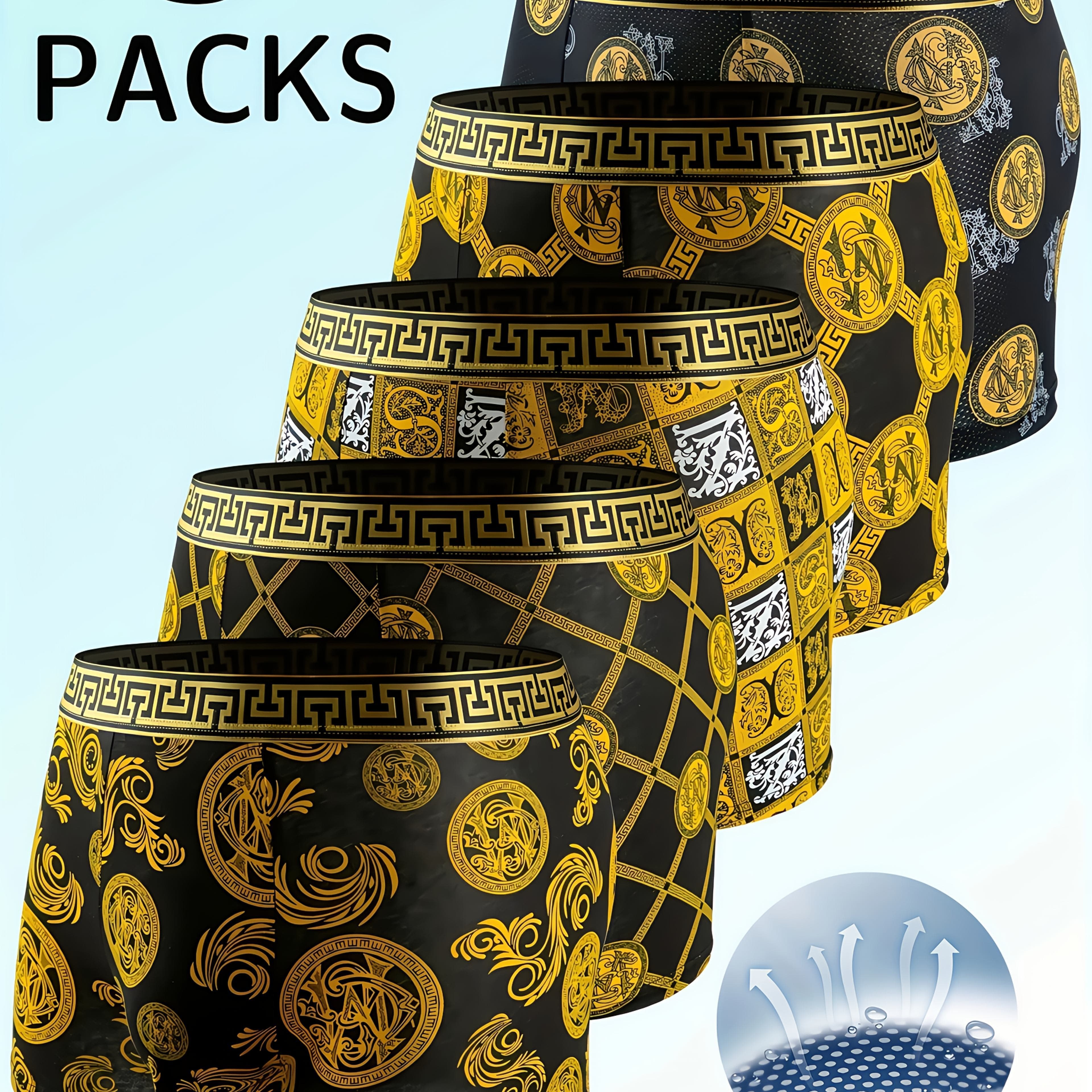 TEMU Men's Luxury Flat Corner Underwear - 5pcs Random Set, Elastic, Daily Casual, Black Golden Printed, A Great Gift For Him