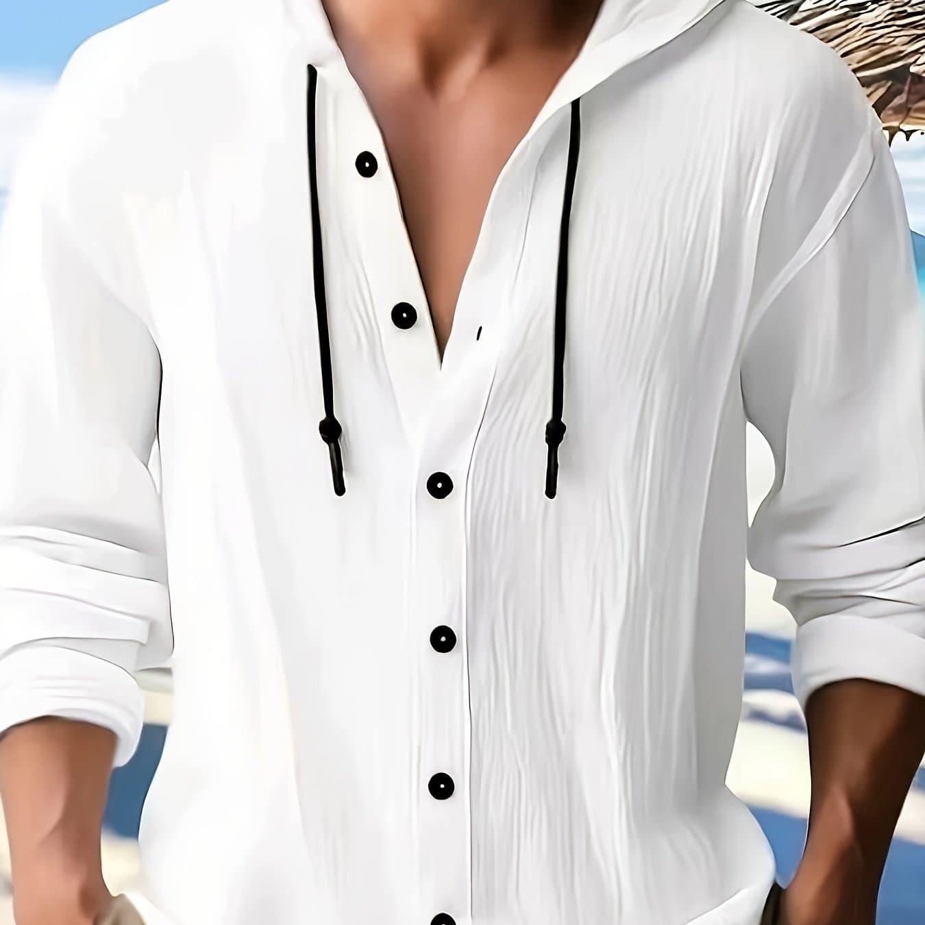TEMU Men's Casual Hooded Long Sleeve Shirt - Button-up, With Drawstring, Lightweight Breathable Easy, Suitable For Spring Summer