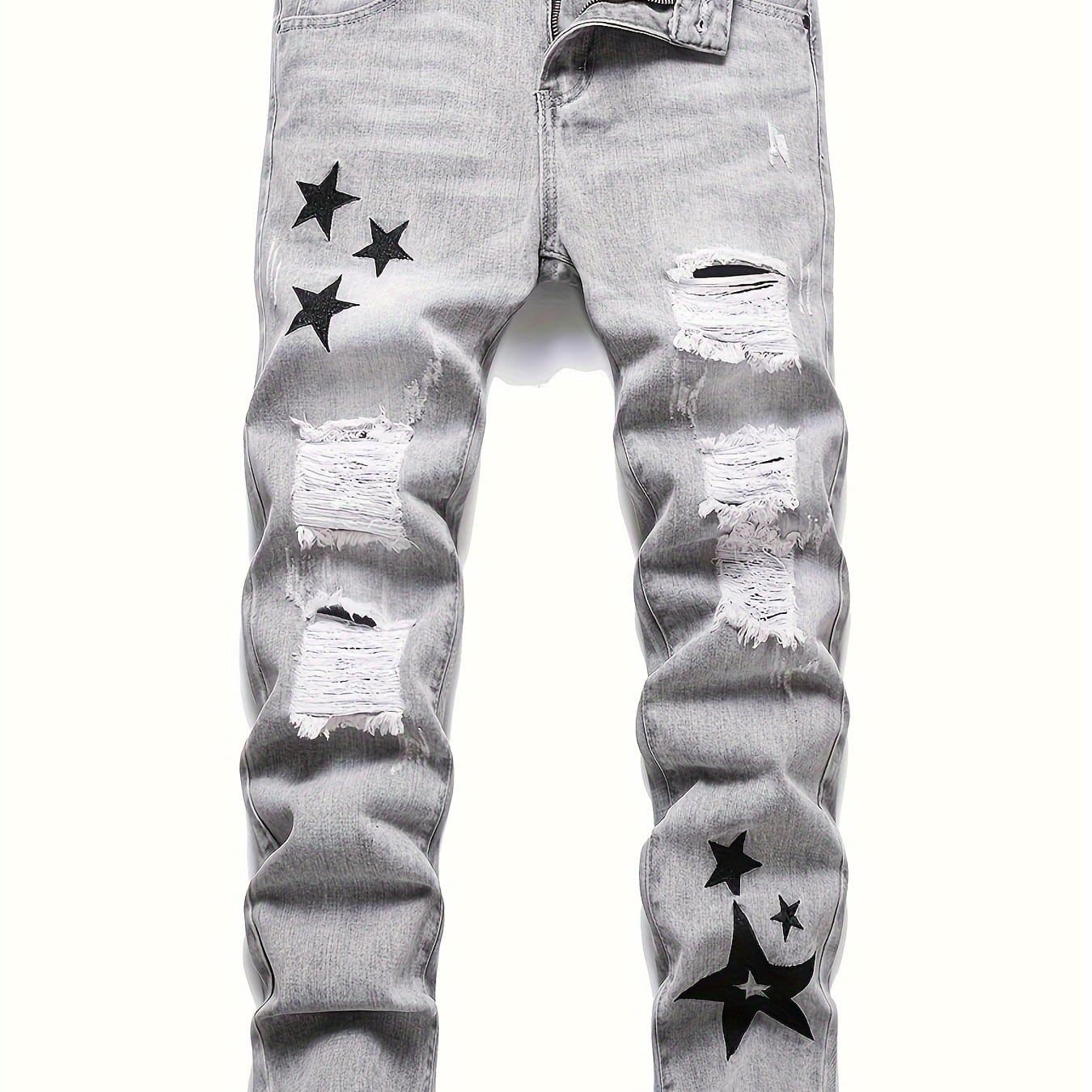 TEMU Slim Fit Men's Jeans With Embroidery And Ripped Details