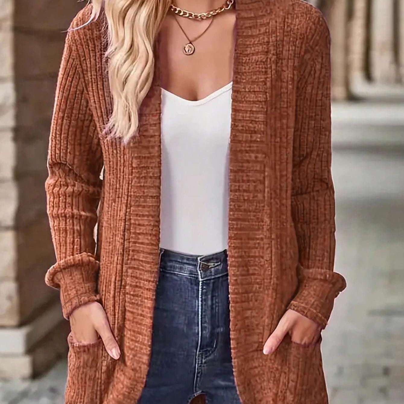 TEMU Women's Chic Cardigan - Long Sleeve Open Front Jacket, Machine Washable Fall/winter Coat With, Elegant Everyday Outerwear For Women