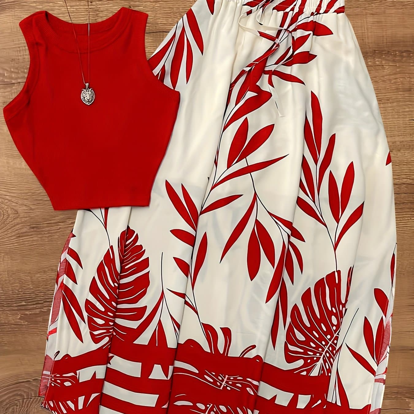 TEMU Summer Women' Vacation Floral Print Skirt And Solid Color Sleeveless Top 2pcs Set