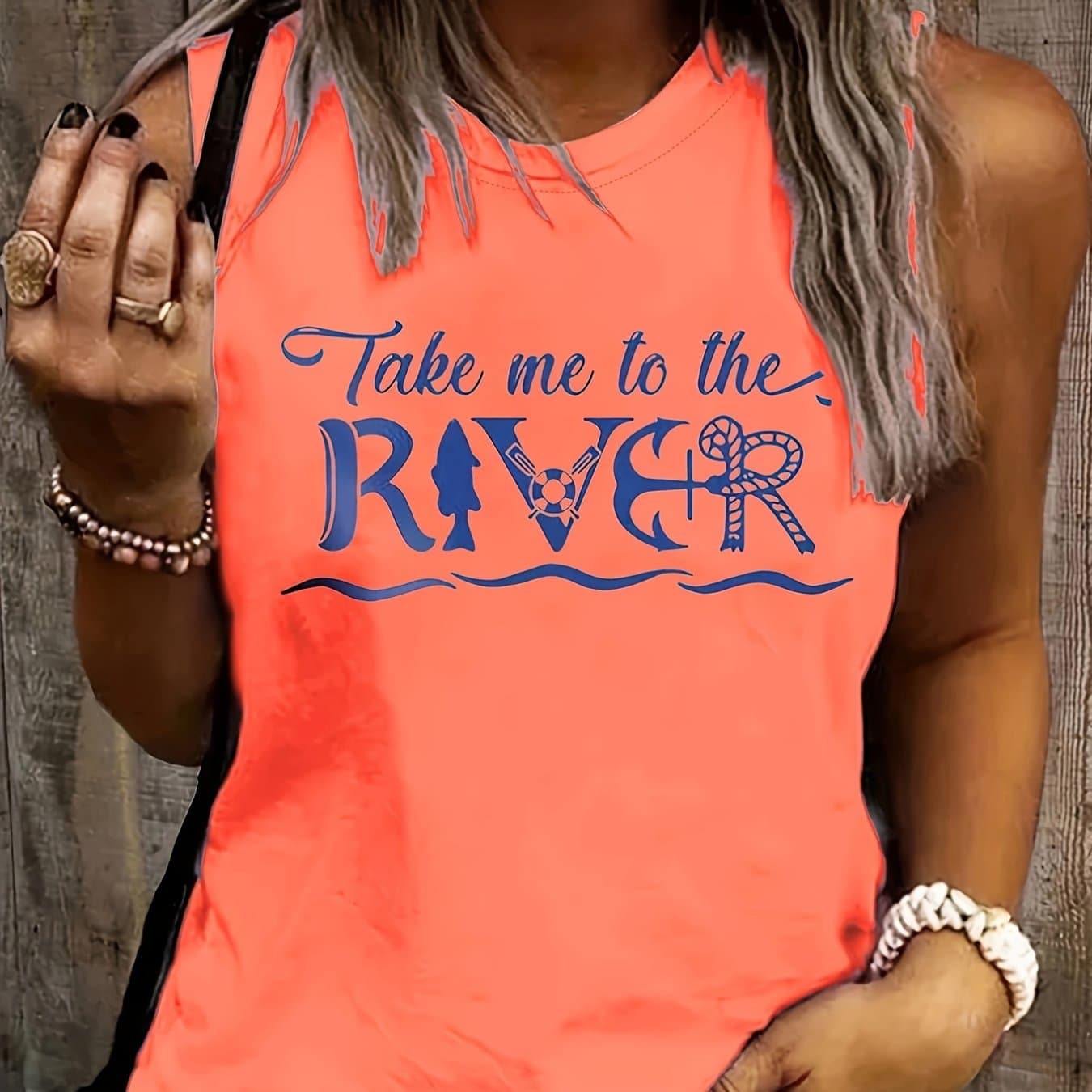 TEMU Sleeveless Summer Vest With A Round Neck, Casual Tank Top Featuring Anchor Letter Print, Women's Apparel
