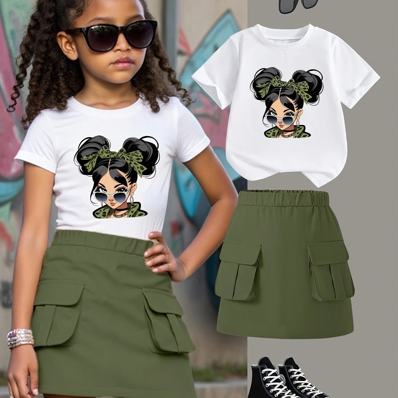 TEMU Two-piece Outfit: A Short-sleeve T-shirt Featuring A Cartoon Girl Design With An Army Green Cargo Skirt, Perfect For Stylish Summer Street Fashion