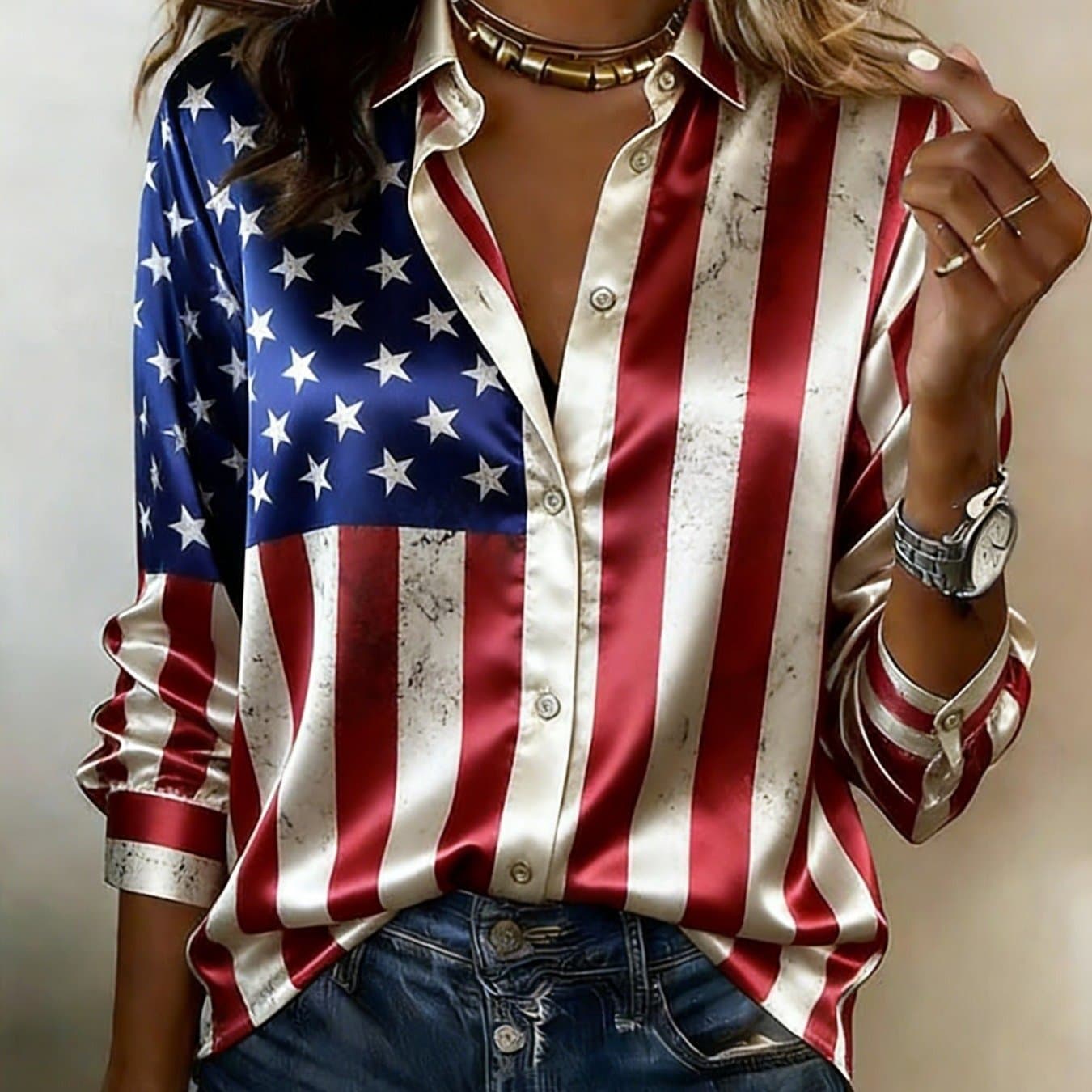 TEMU Women's Casual Top With American Flag Print Collar Satin Shirt