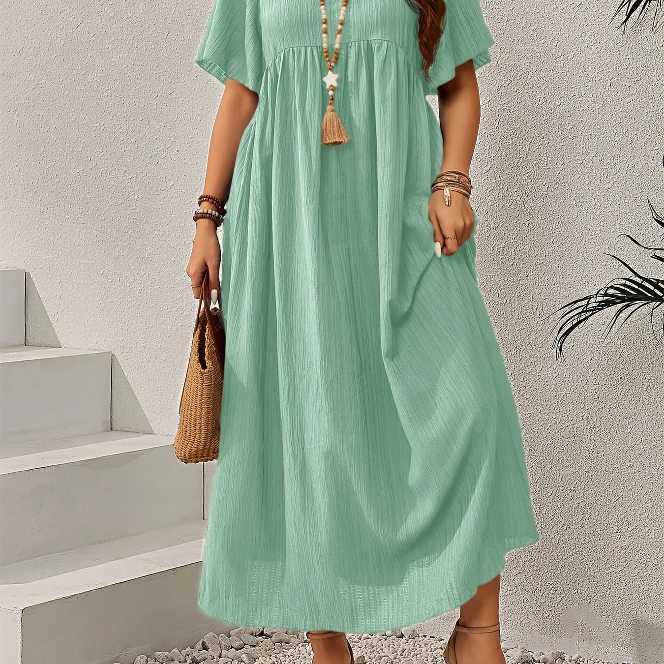 TEMU Plus Size - Plus Size - Plus Size Women's Dress, -neck Batwing Short Sleeve Casual Dress, Gift For Mom, , Women's Vacation Wear, , Suitable For Daily Wear, Vacation Atmosphere, Spring Break