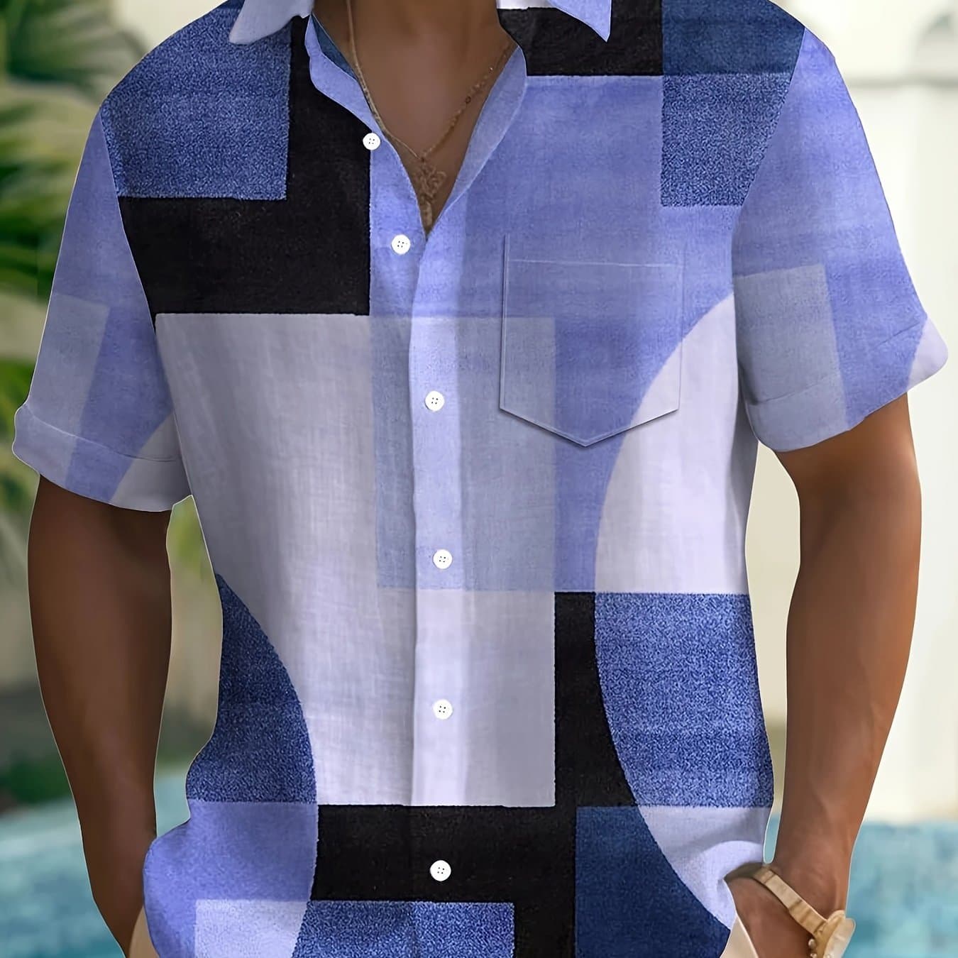 TEMU Men's Vintage Geometric 3d -block Button Front Pocket Short-sleeve Shirt, Summer Fit , Blue//gray, Vintage Style, Adult Apparel, Runs Small, Buying 1