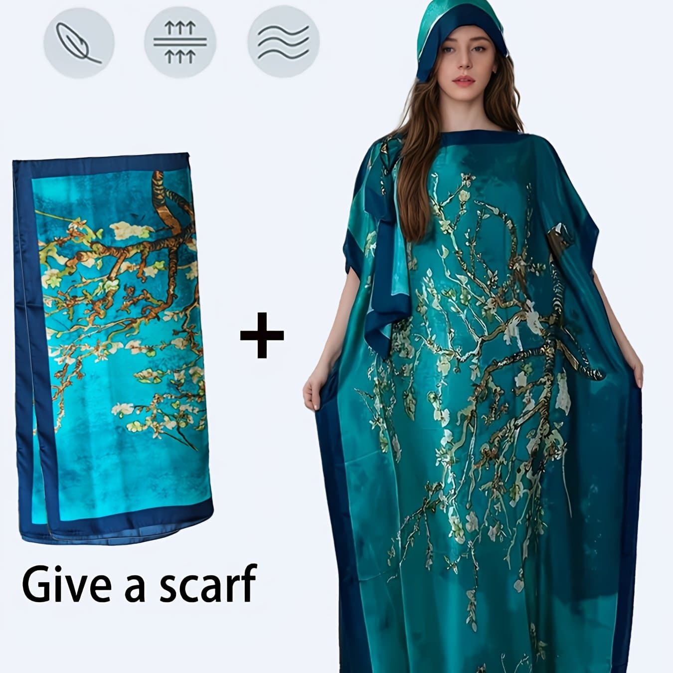 TEMU Tree Print Crew Neck Long Dress, Elegant Bat Wing Sleeve Loose Version Long Dress, With Headscarf, Women's Clothing