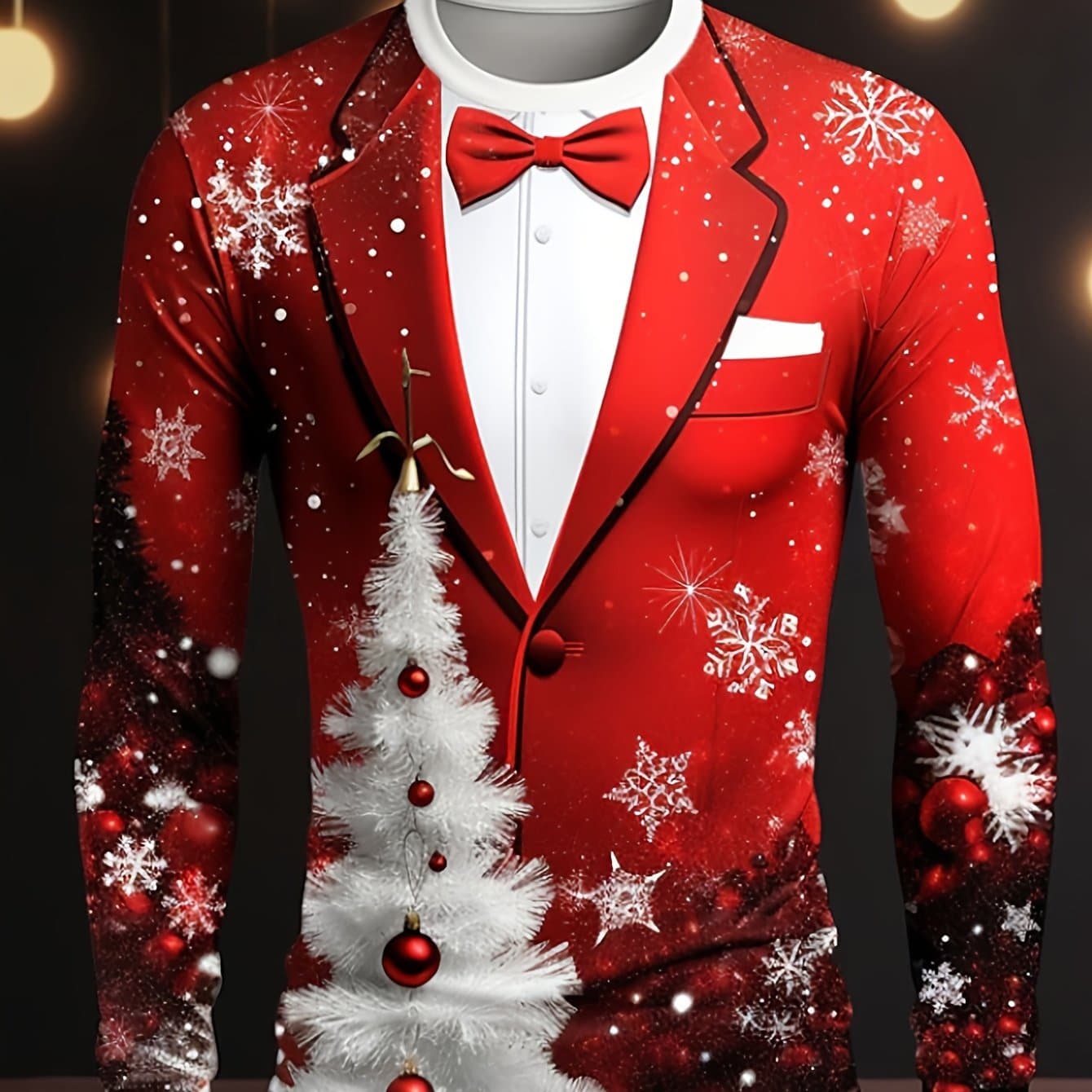 TEMU Christmas, Halloween, Parties, Round Neck Long Sleeved Men's Clothing, Digital Printed Snowflake And White Christmas Tree Patterns, Casual And Versatile