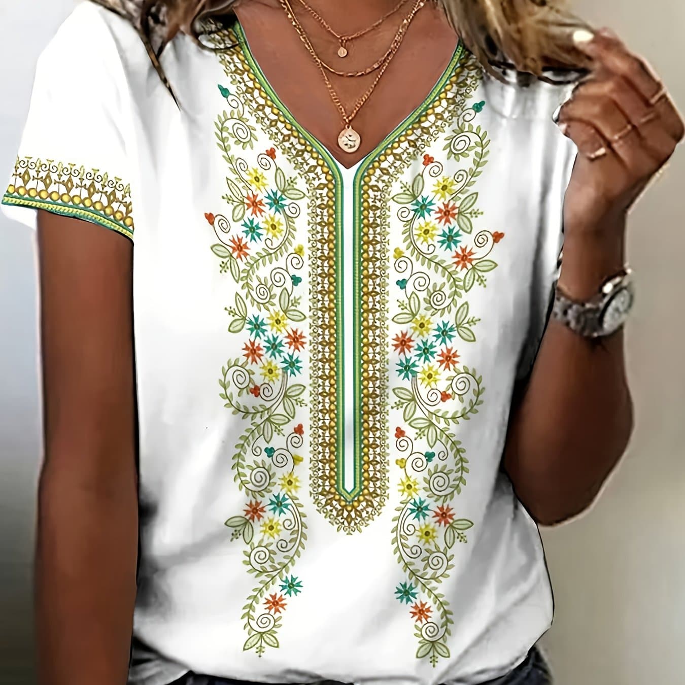 TEMU Casual Ethnic Style T-shirt Summer Short Sleeve V-neck Top Women's Clothing