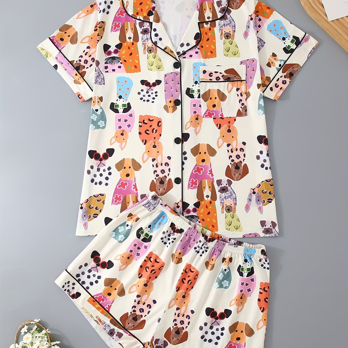 TEMU Short Sleeve 2pcs Set, Women's Pajama Set, Shorts, Collared Button Short Sleeve, Suitable For All , Comfortable And Loose, Cartoon Casual Colorful Dog Pattern