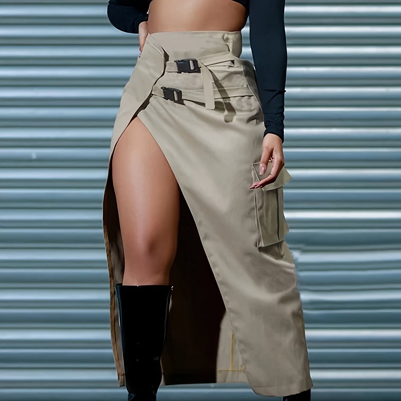 TEMU Women's Casual High-waisted, Asymmetrical Long Skirt With Belt - Beige, , Solid Color, Spring/summer/fall, Casual Attire|asymmetrical |belted Waistline
