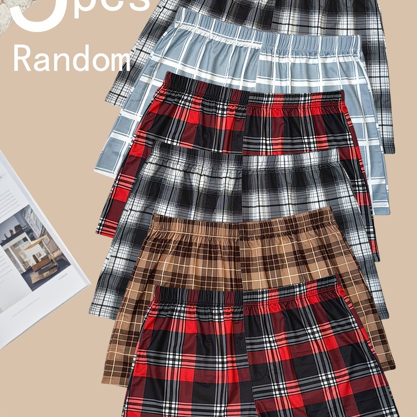TEMU Random 5pcs Set Of Plaid Men's Flat-front Shorts, Comfortable Classic Fashion, Breathable And, Suitable For