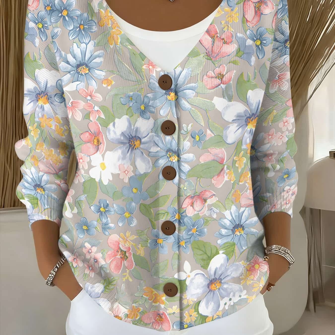 TEMU [2d Flat Pattern] /winter Women's Long-sleeve Cardigan 3d Floral Print Stylish And Versatile Women's V-neck Outerwear, 2d Flat