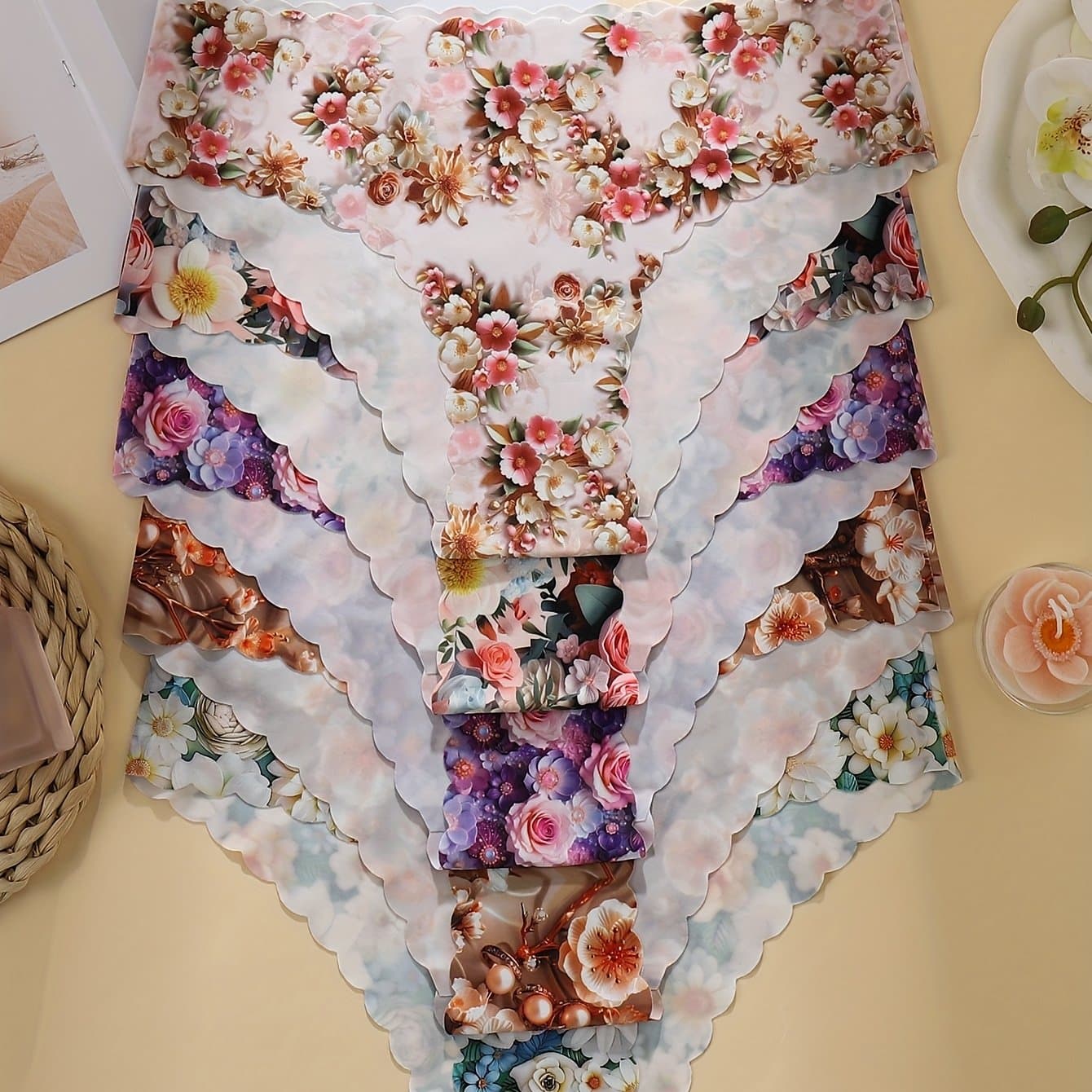 TEMU 5-pack Women's Floral Print Briefs, Comfortable Seamless 1pc Straight Waistband With Scalloped Lace Trim For Sports And Fitness
