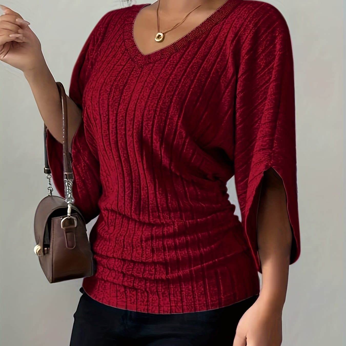TEMU Plus Size, Day Extension - Trendy New Style Lightweight Elegant Plus Size Loose Fit Casual T-shirt With Popular Ribbed Fabric And Multi-, V-neck Women's Fashion/casual/elegant/vacation/