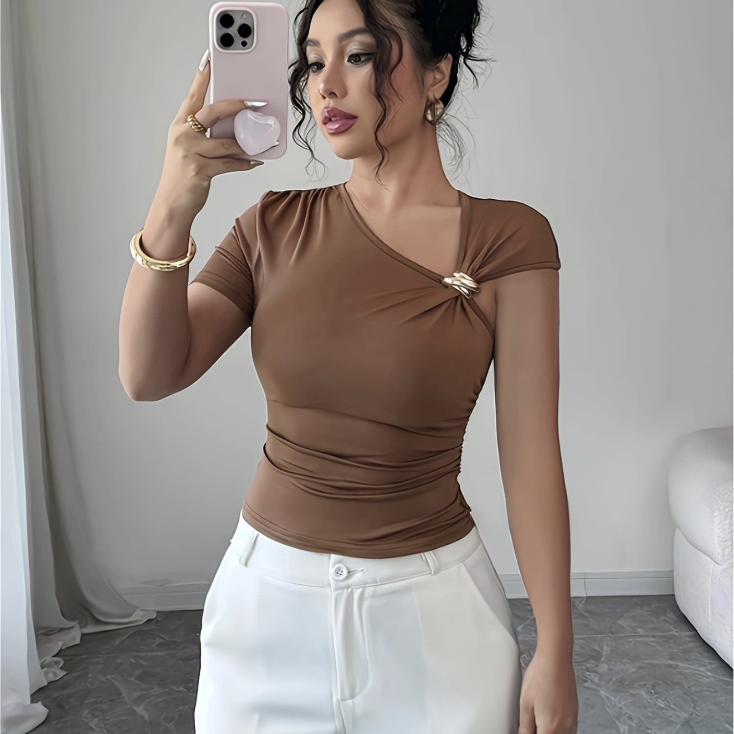 TEMU Women's Elegant Asymmetrical Neckline, Button Detail Short Sleeve T-shirt