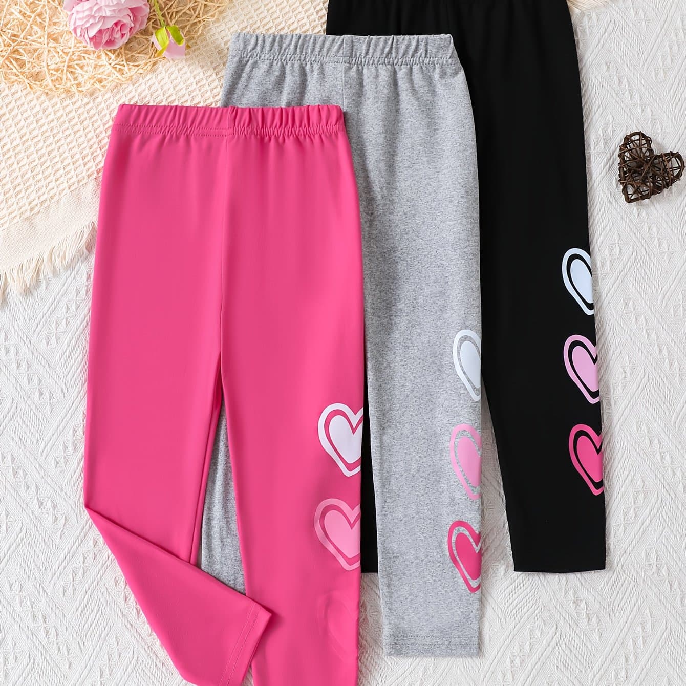 TEMU (set Of 3) Simple And Cute Solid Color Heart Pattern Print Leggings For Spring And Autumn, A Gift For Daughters Or Matching Outfits For Sisters, For Outdoor