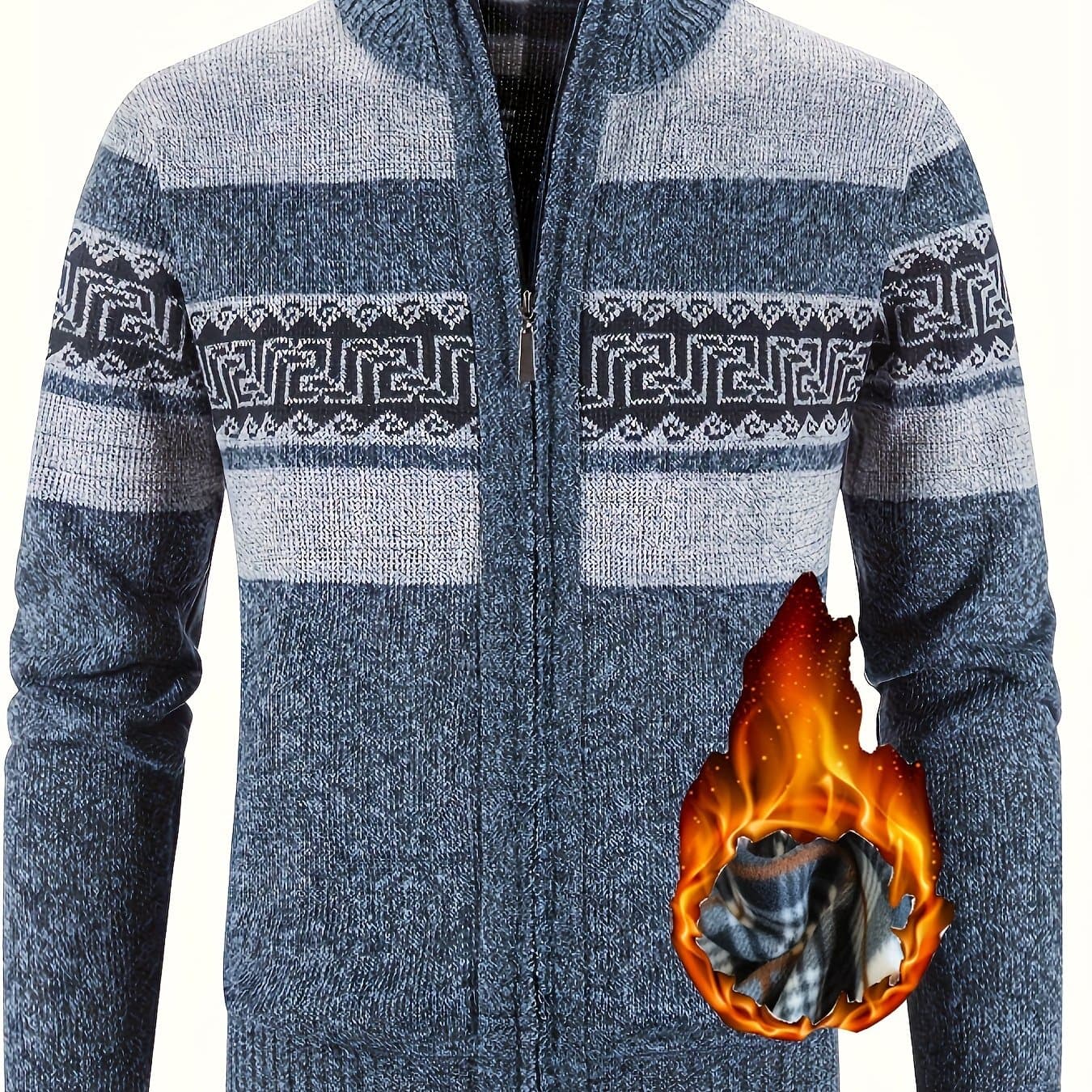 TEMU Men's Thermal Fleece-lined Sweater With Pockets - Pattern, Stand Collar, Long Sleeve For Hiking, Cycling & Casual Winter Wear - Gift, Winter Knit Fabric