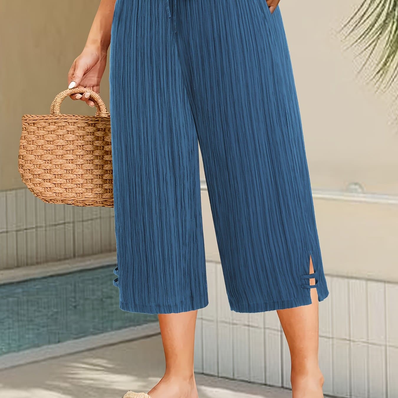 TEMU Plus Size, Plus Size Women's Capri Pants With Pleated Stripes, Slit, Loose Straight Leg, Elegant Style