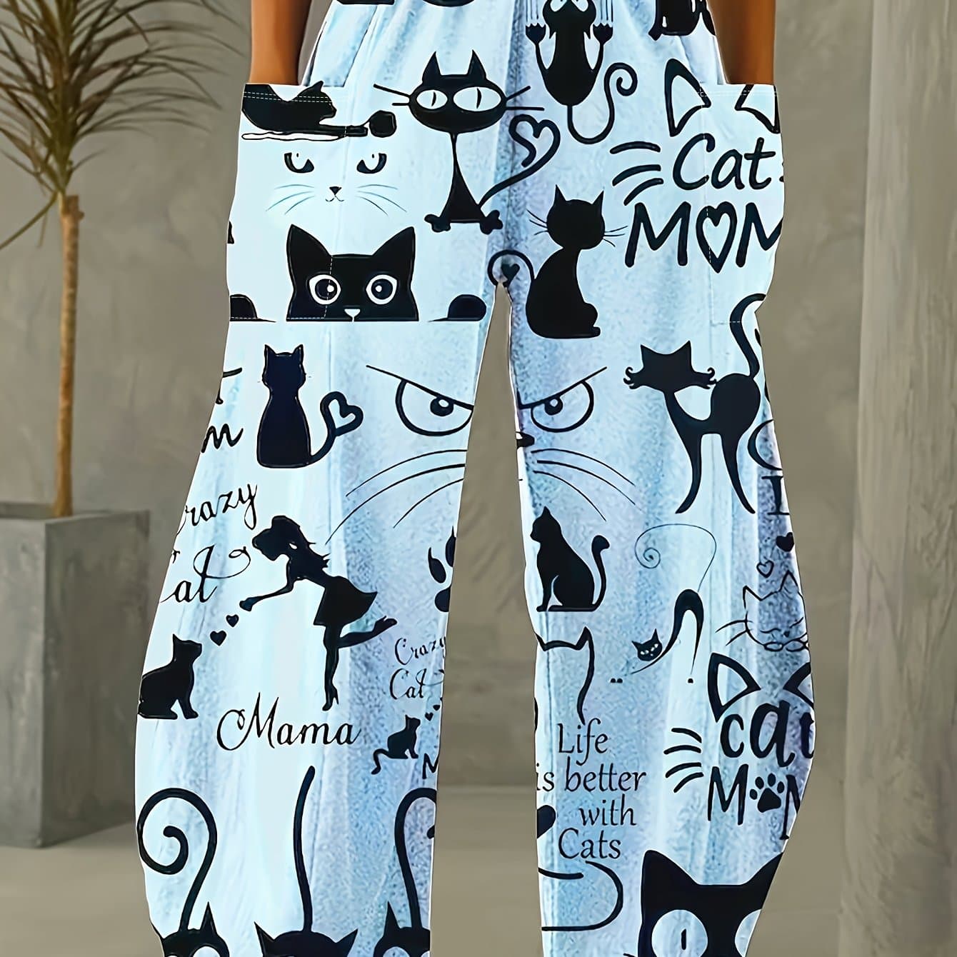 TEMU Ladies' Whimsical Black Cat Print Large Pocket Versatile Casual Spring Summer Autumn Straight Leg Pants [directional]