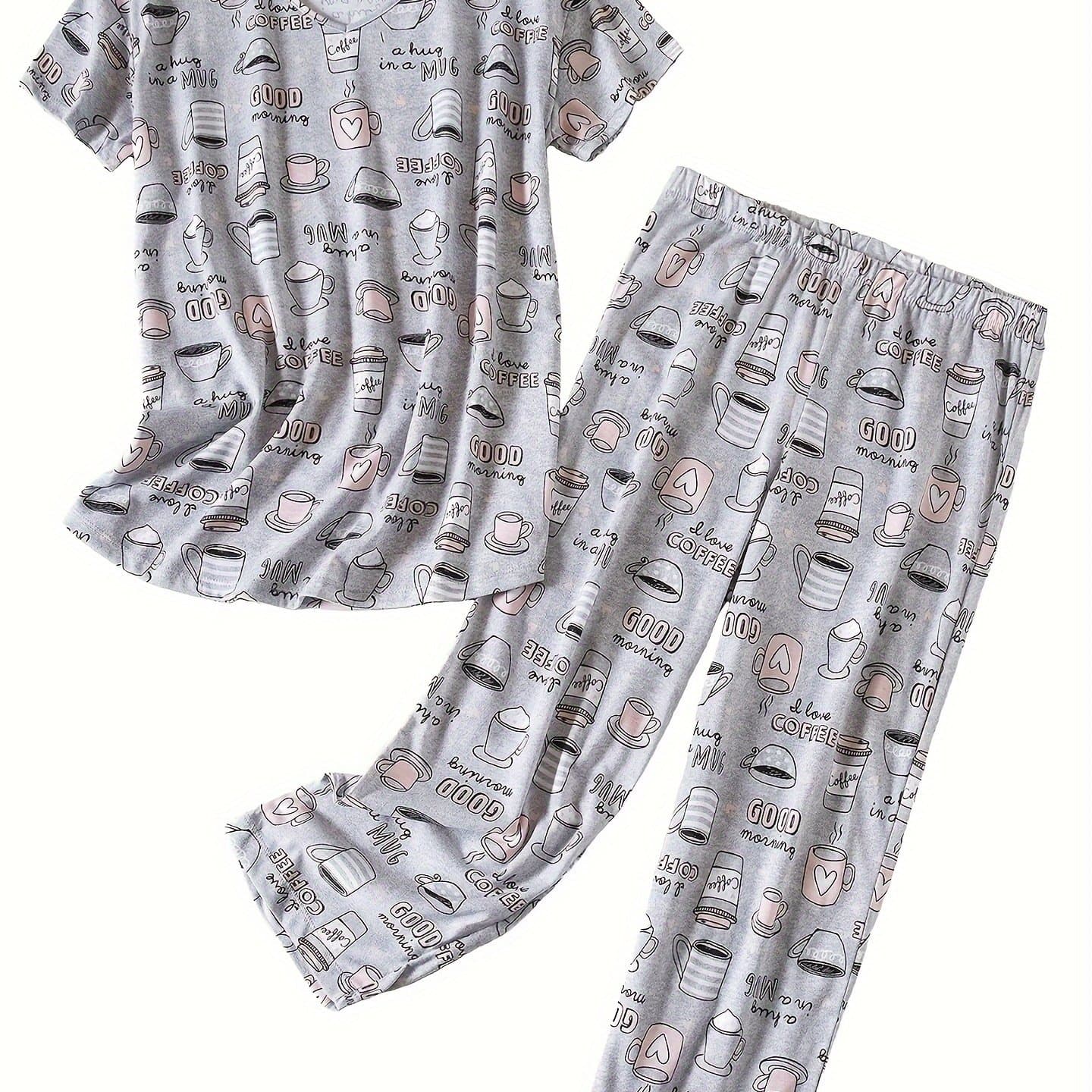 TEMU Printed Pattern Short Sleeve Capri Pants Set Pajamas Women's Pajama Set