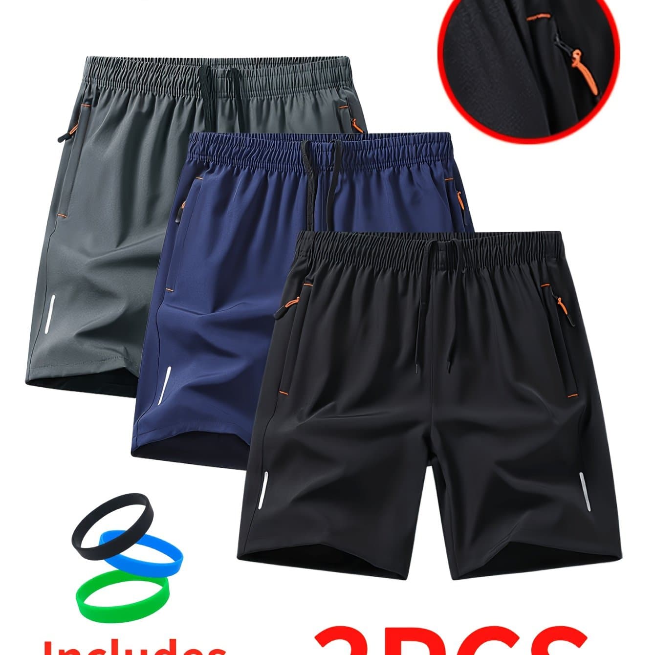 TEMU 3 Pcs Men's Stylish Athletic Shorts, Black Drawstring Design, Zipper Pockets, （includes Wristband）ideal For Summer Workouts And Outdoor Activities, Plus Size Shorts