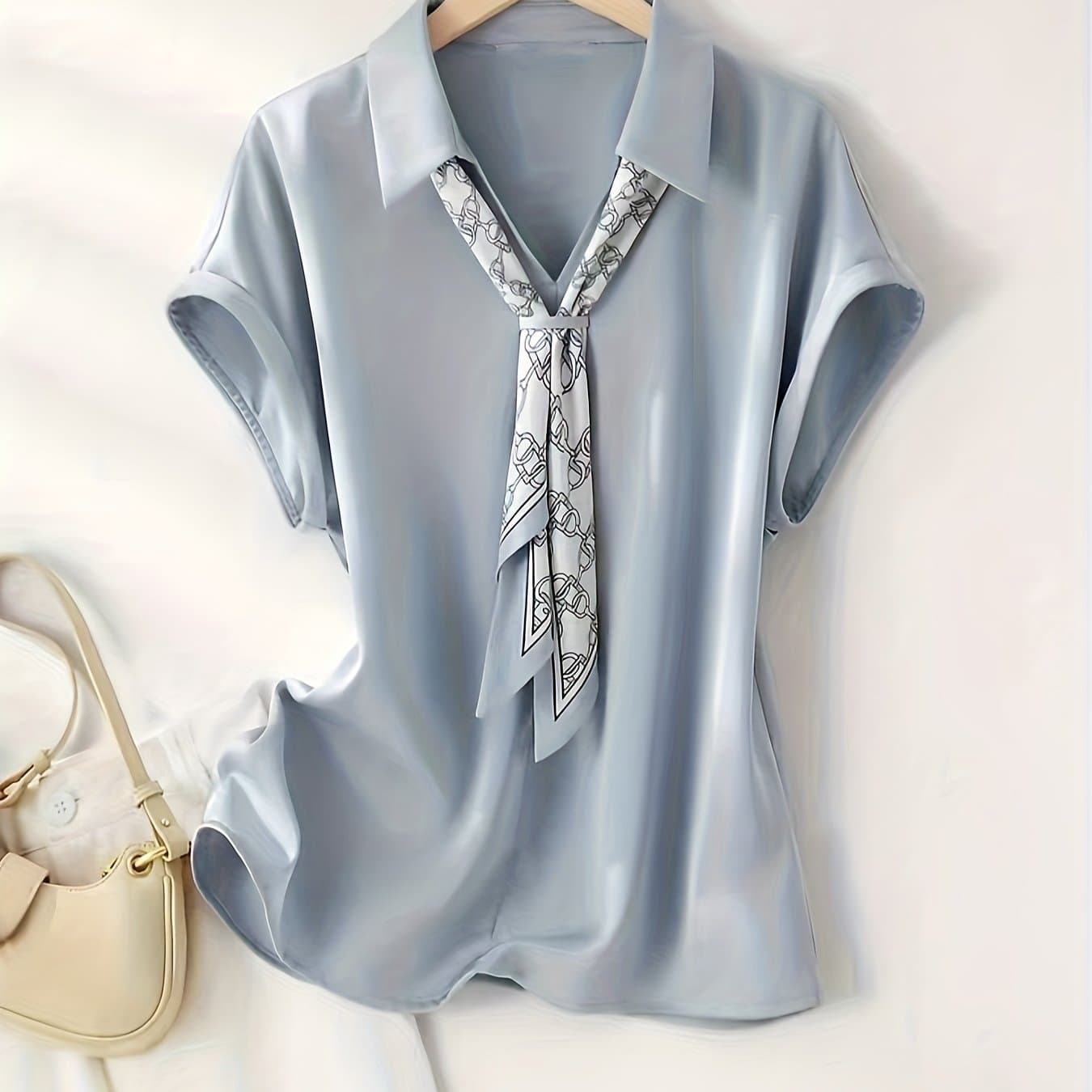 TEMU Summer Fashion New Solid Color Batwing Sleeve V-neck Bow Tie Shirt For Women