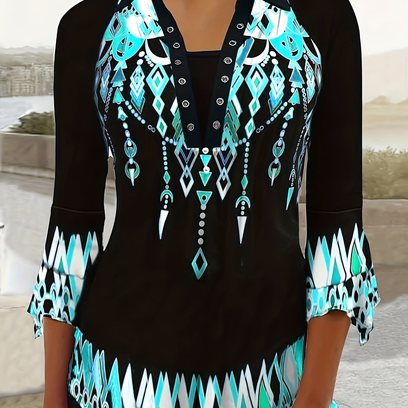 TEMU Green Three-quarter Sleeve T-shirt With A Printed Lapel, Featuring An Irregular Sleeve And Button- Design For The And