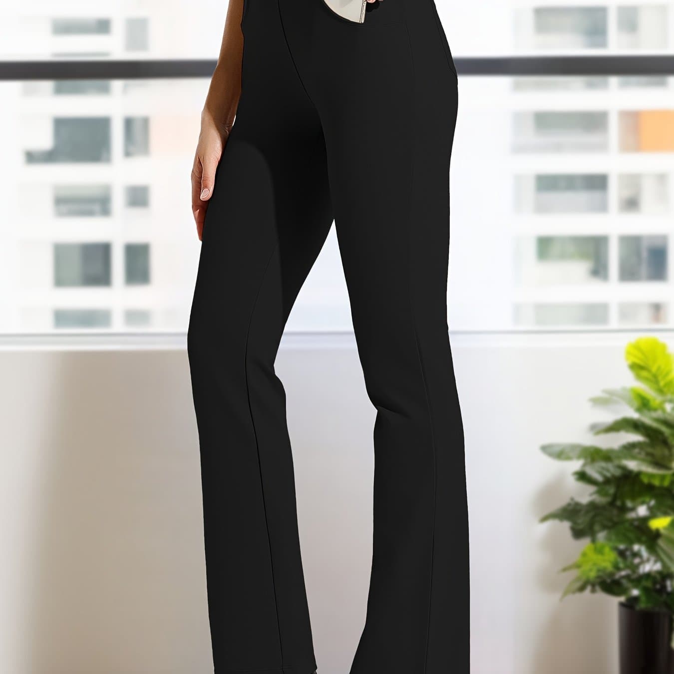 TEMU Plus Size, Plus Size Women's Dress Work Pants Slacks Stretch Comfy Breathable Soft Casual Office High Waisted Tummy Control Flare Pants With Belt Loops 4 Pockets Lounge Business