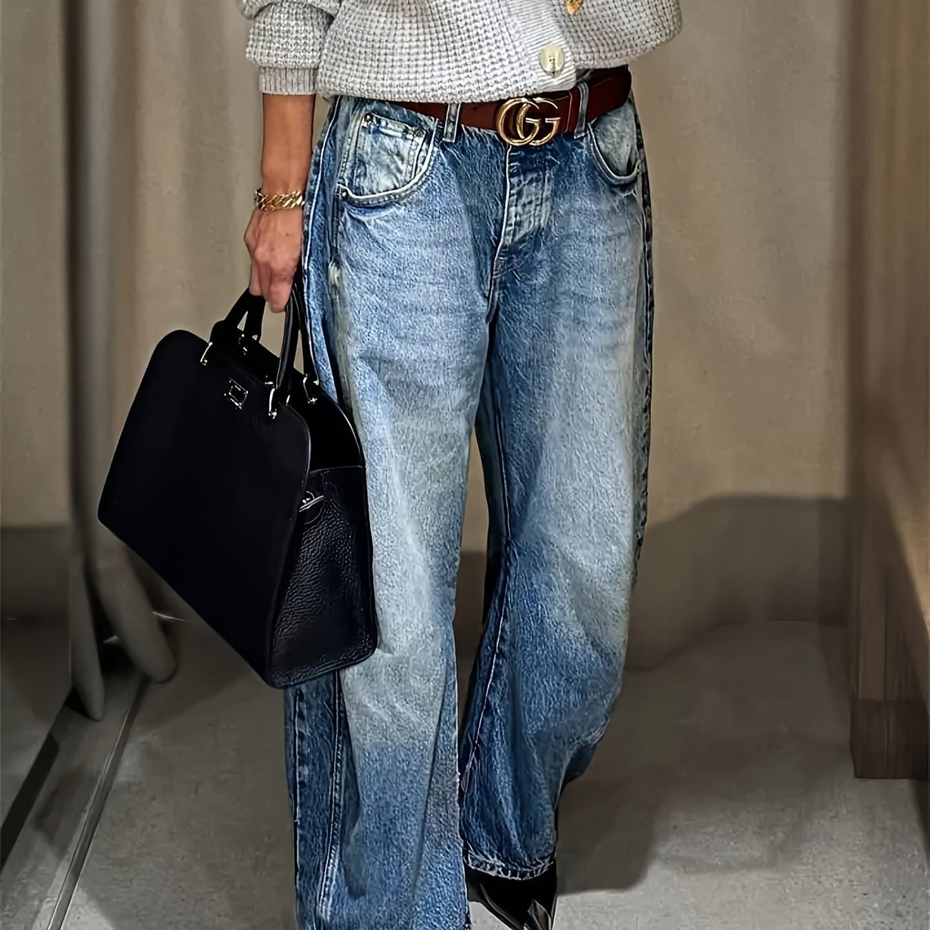 TEMU Ladies' Retro Wide-leg Jeans, Heavy-duty Washed Jeans, Jeans With A Gradient Design From Light Blue To Dark Blue