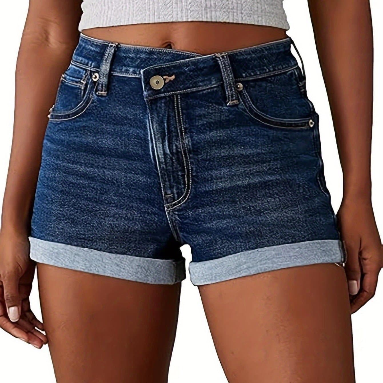 TEMU 2025 Women's High-waisted Stretchy Vintage Denim Shorts - Distressed Hem Leg-lengthening Straight Cut With Pockets, Music Festival & Street Style Chic Casual Summer Shorts