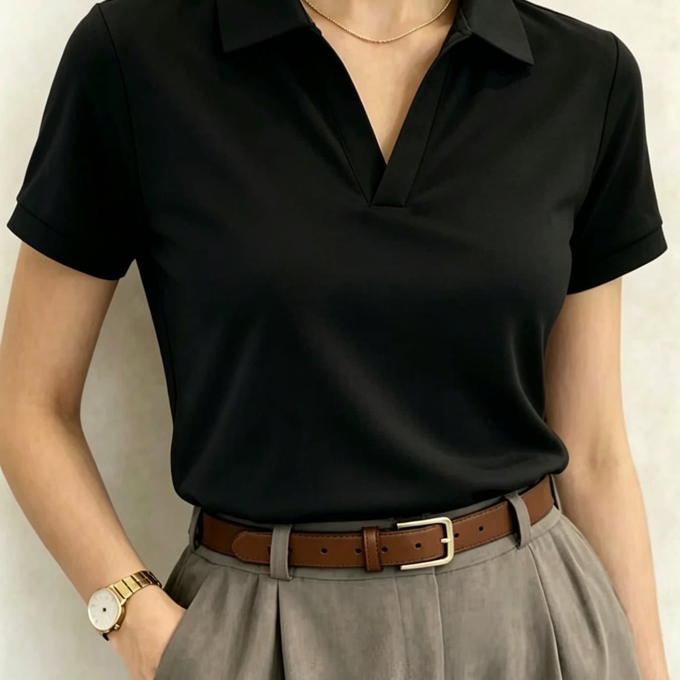 TEMU Women's Fashion Casual Spliced Collar T-shirt - Short Sleeve Loose Collar Pullover, Micro-stretch Comfortable Top With Textured Design, Soft Fabric, Elastic Casual Top