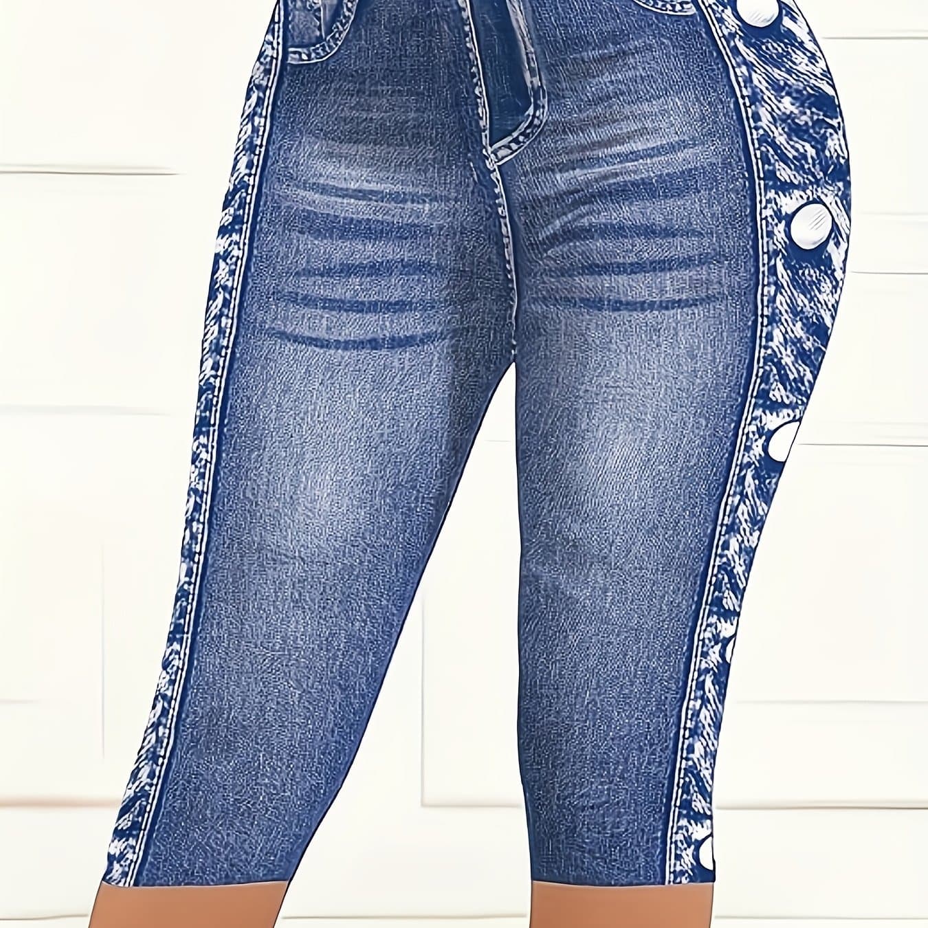TEMU [printed Leggings - Not Denim Fabric]a Pair Of Spring-summer Printed Three-quarter Leggings That Denim, Casual Three-quarter Base Pants, Women's Fitted Printed Pants