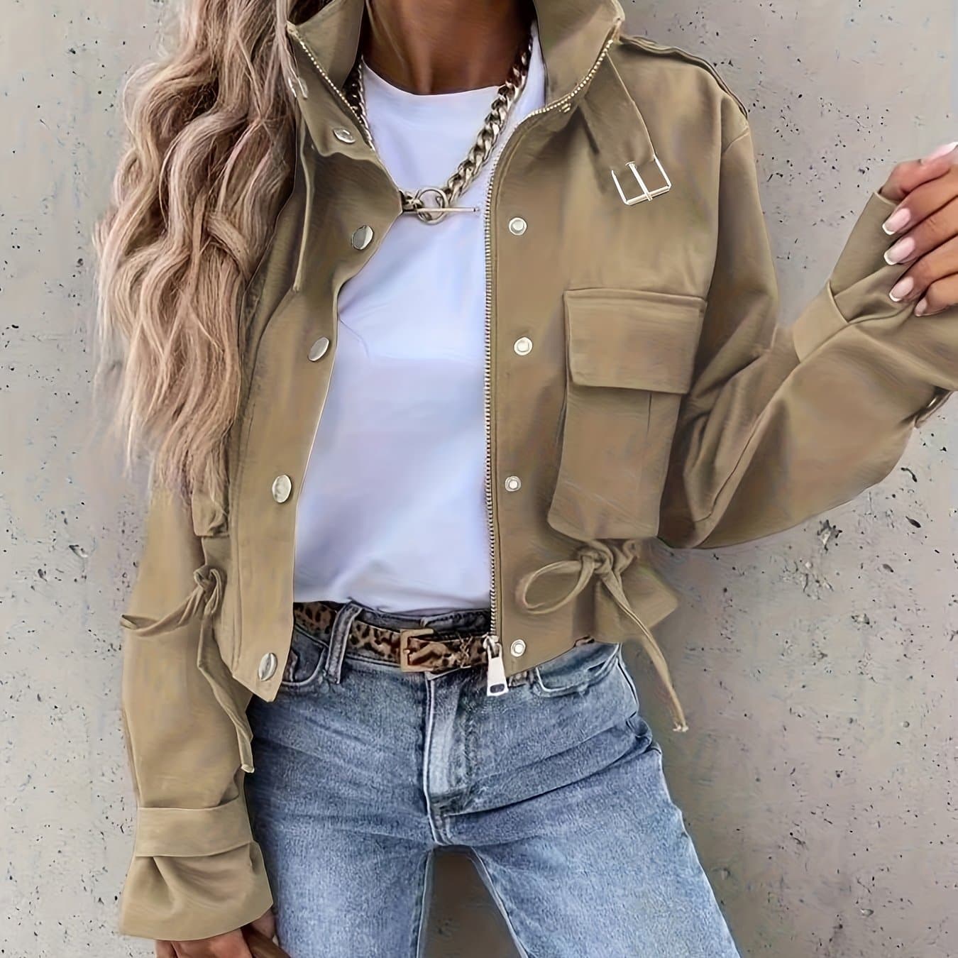 TEMU Women's Casual Zip-up Jacket, Trendy Lapel Button Long Sleeve Pocket Biker Coat, Spring/autumn Design With Drawstring Collar Top