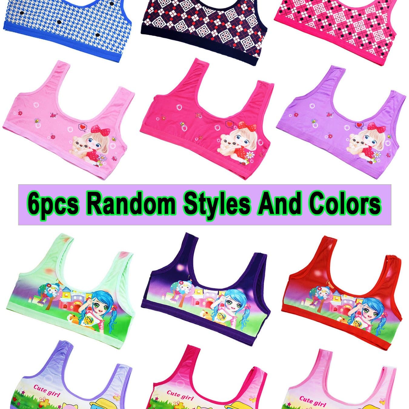 TEMU 6 Random Girls' Thin Developmental Vests, High Cost Performance Children's Underwear, Cute Checkered Cartoon Princess Girl's Sports Vest 8-14