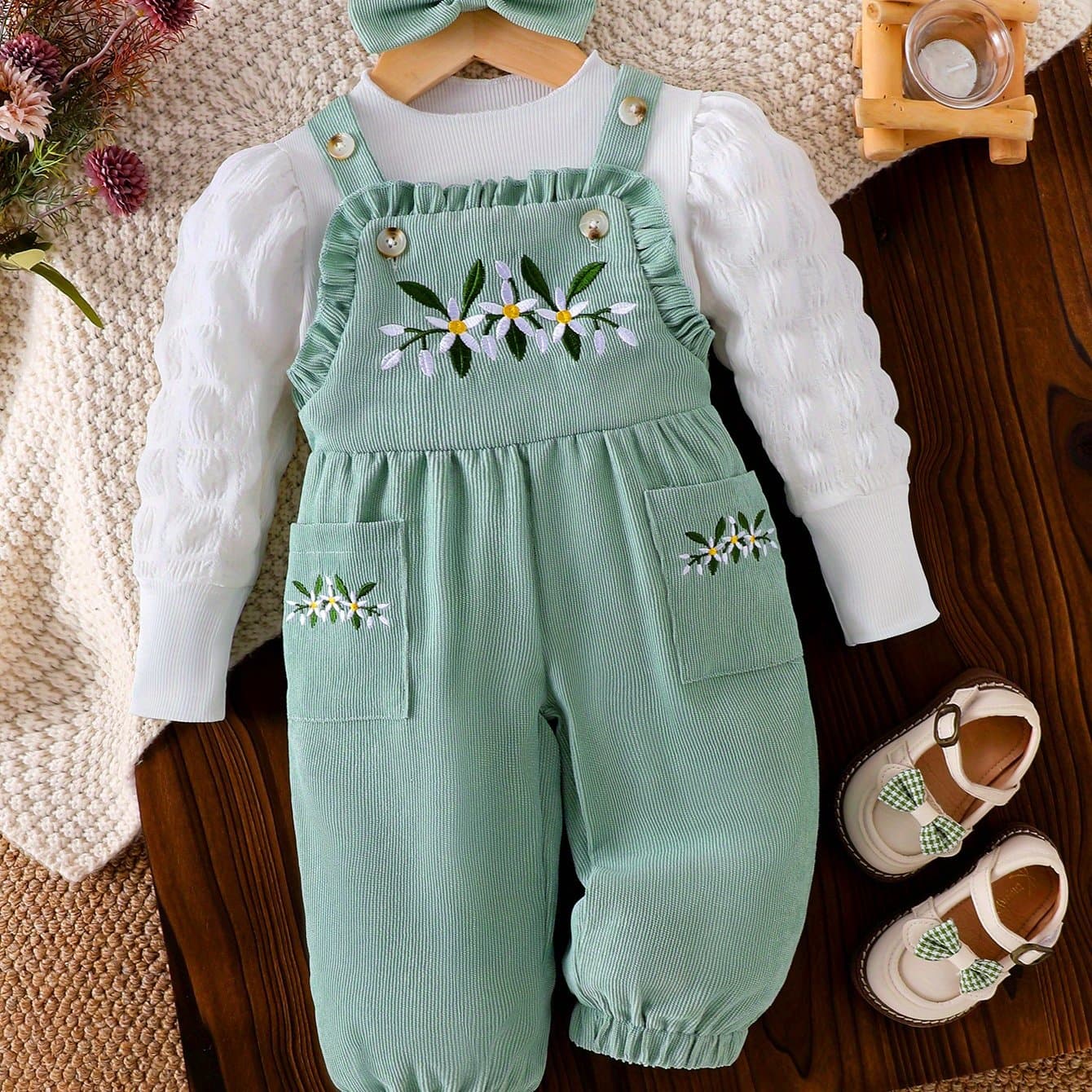 TEMU Floral Botanical Embroidered Rompers With Bubble Sleeve Long Sleeve Headband Set 3pcs Baby Girl Clothes Toddler Girls Spring Outfits Toddler Clothes, Perfect For Outdoor