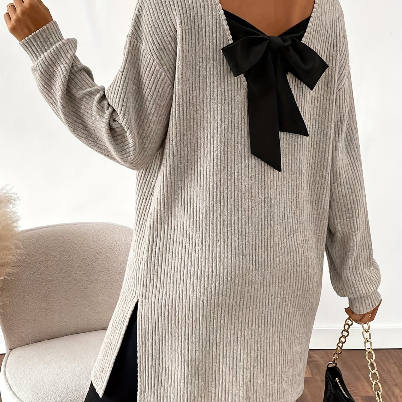 TEMU 2025 Spring Autumn Winter Sense French Easy Elegant Style Ribbed Fabric Temperament Figure Suitable For Dinner Dates Vacation Leisure Attendance Formal Occasions Ball Parties And Back