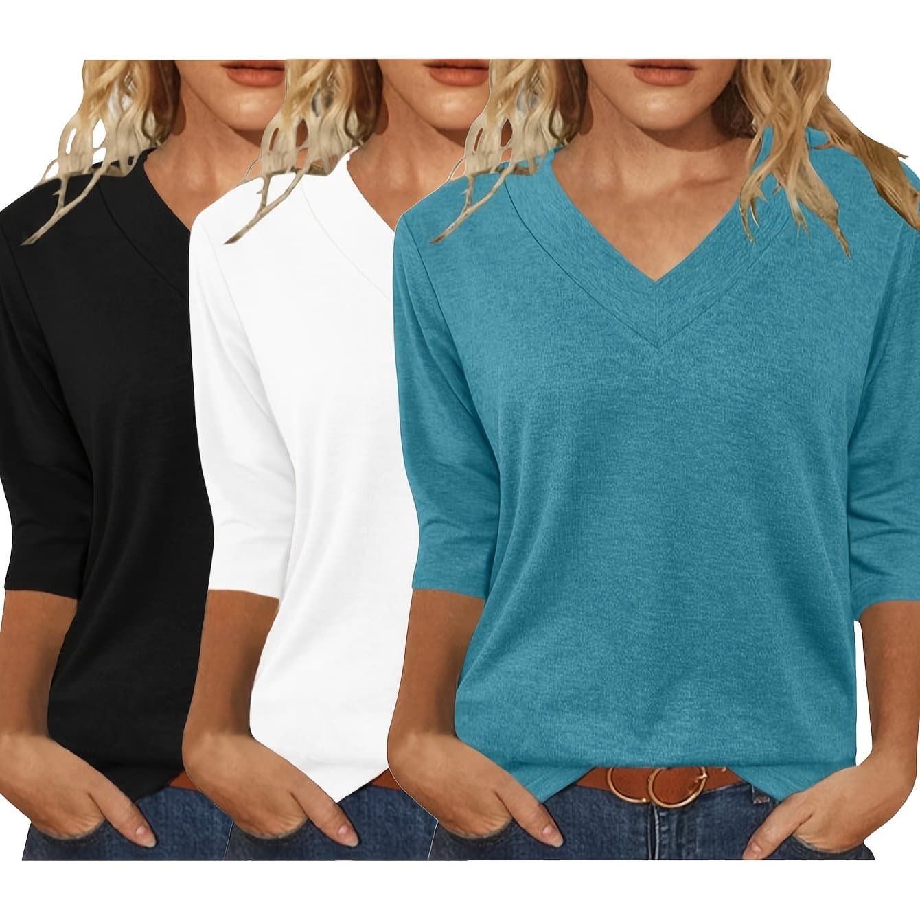 TEMU Three-piece Women's 3/4 Long-sleeved Top, Fashionable Ladies' Casual Shirt, Comfortable And Breathable V-neck Three-quarter Sleeve T-shirt
